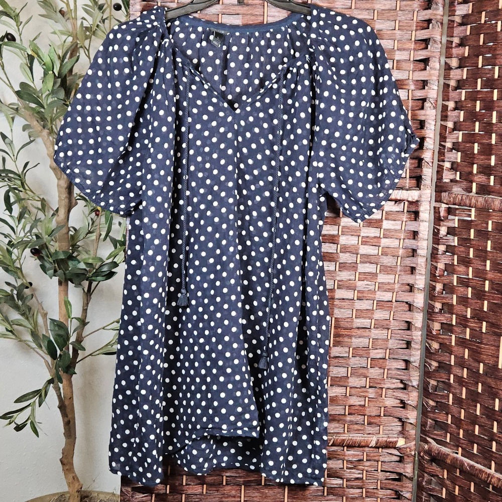 J. Crew Polka Dot Tassel Tie Neck Short Sleeve Cotton Blouse Top Women's Large